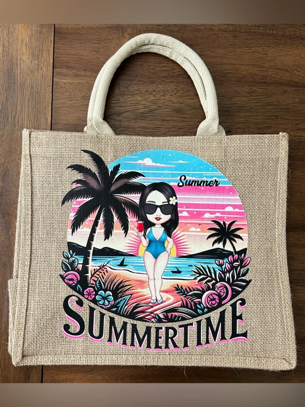 Burlap Summertime Graphic Beach Tote Bag with handles 14 x 12”